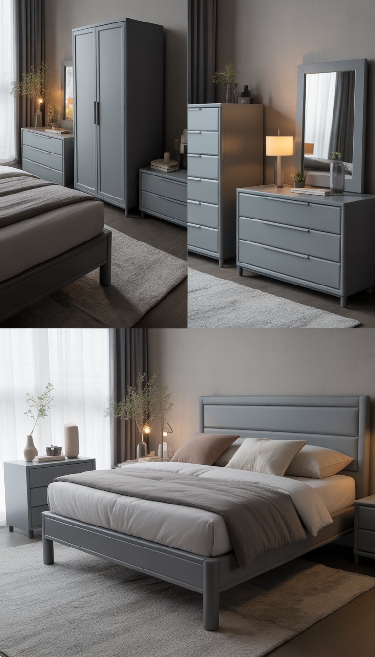 A bedroom with matte grey painted furniture including a bed, nightstands, and dresser, with natural light coming through windows.