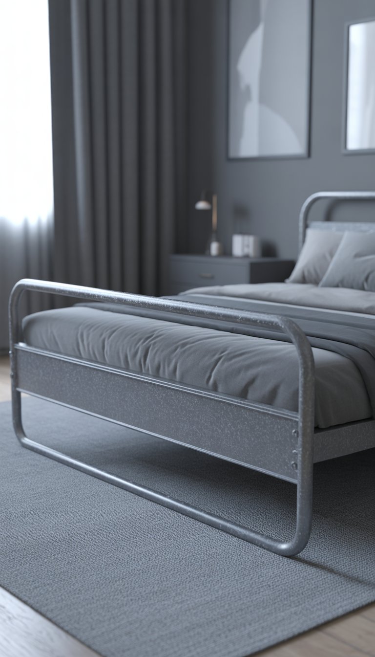 A grey metal bed frame in a bedroom with grey walls, bedding, and furniture, softly lit by natural light from a window.