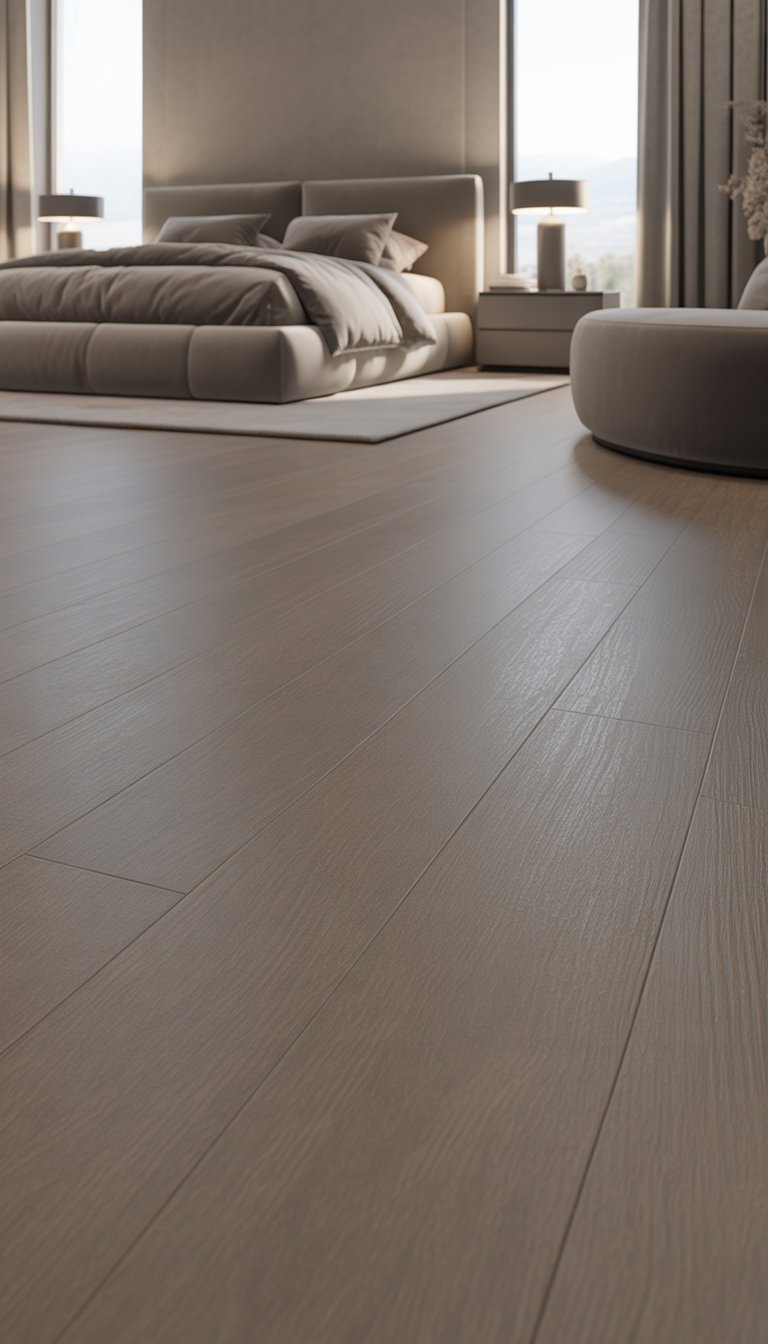 A modern bedroom with warm grey wood flooring, a bed, nightstand, and large windows letting in natural light.