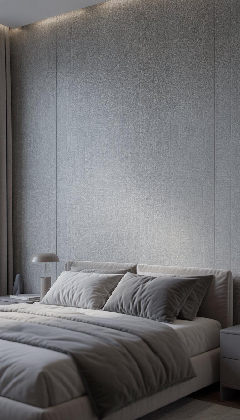 A modern bedroom with grey textured wallpaper, a neatly made bed, bedside table, and soft natural light coming through a window.