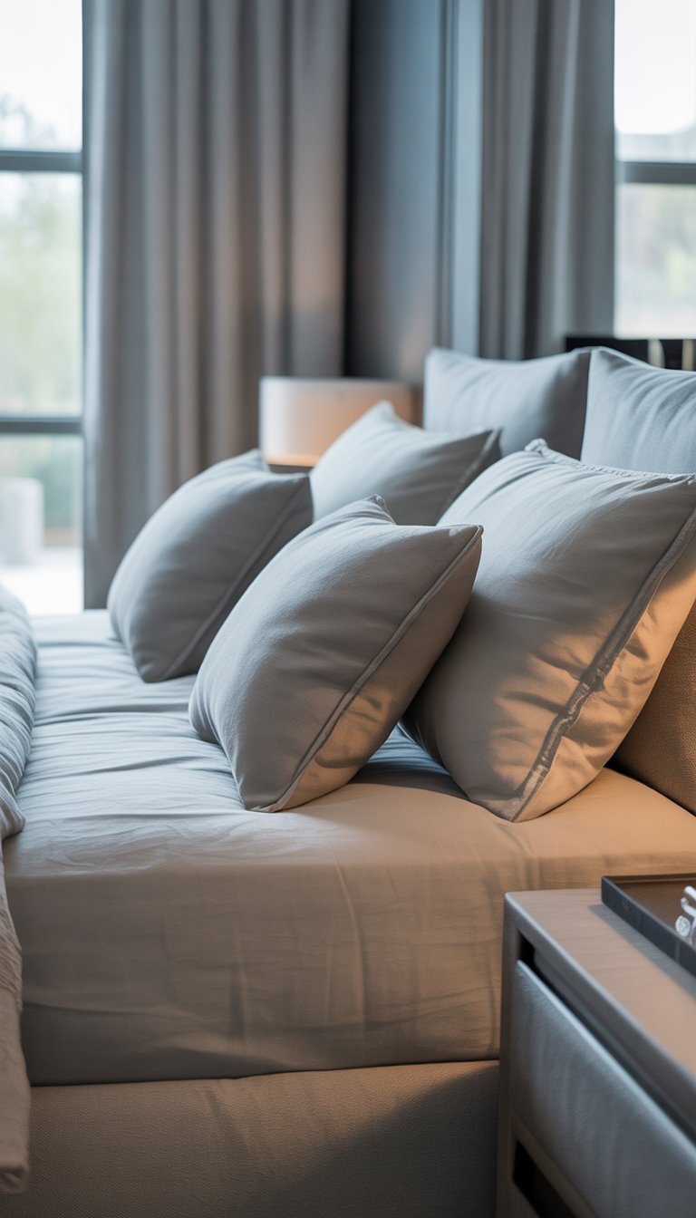A bedroom with a bed featuring pale grey throw pillows and various grey design elements throughout the room.