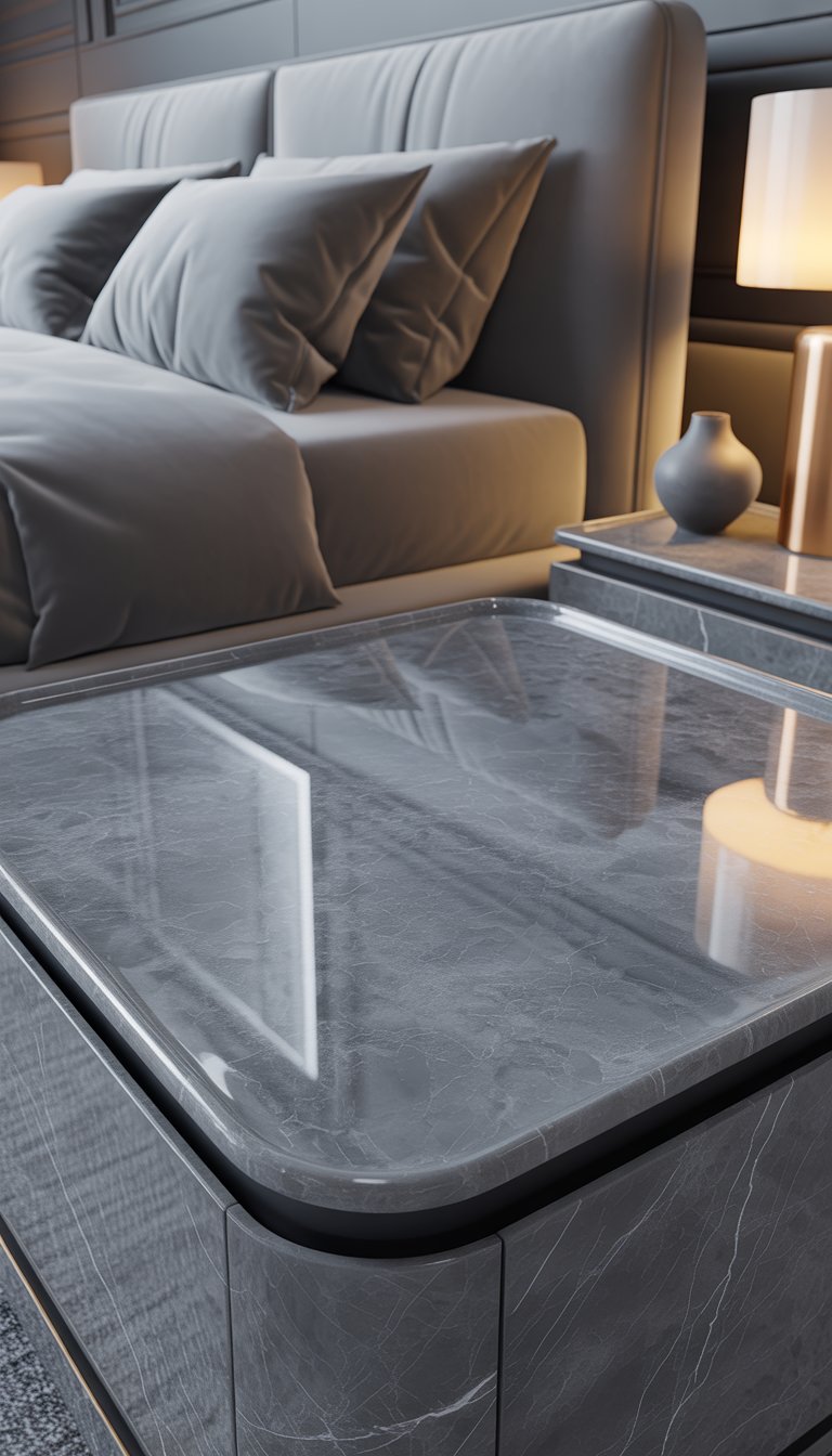 A grey marble nightstand top in a grey-themed bedroom with a bed, pillows, a vase, and a lamp.