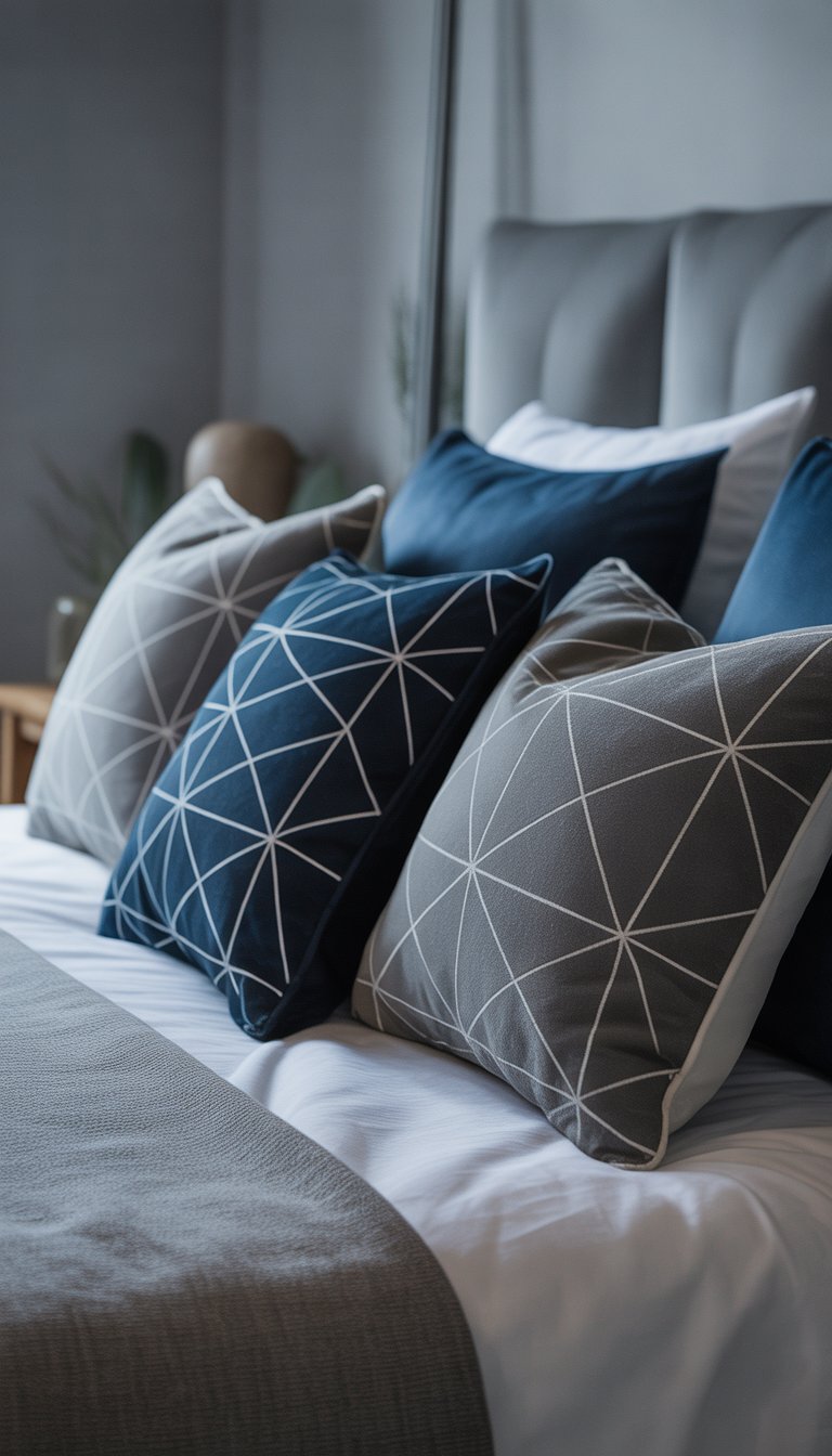A bedroom with a bed featuring grey and navy blue geometric pillows arranged neatly against a grey wall.