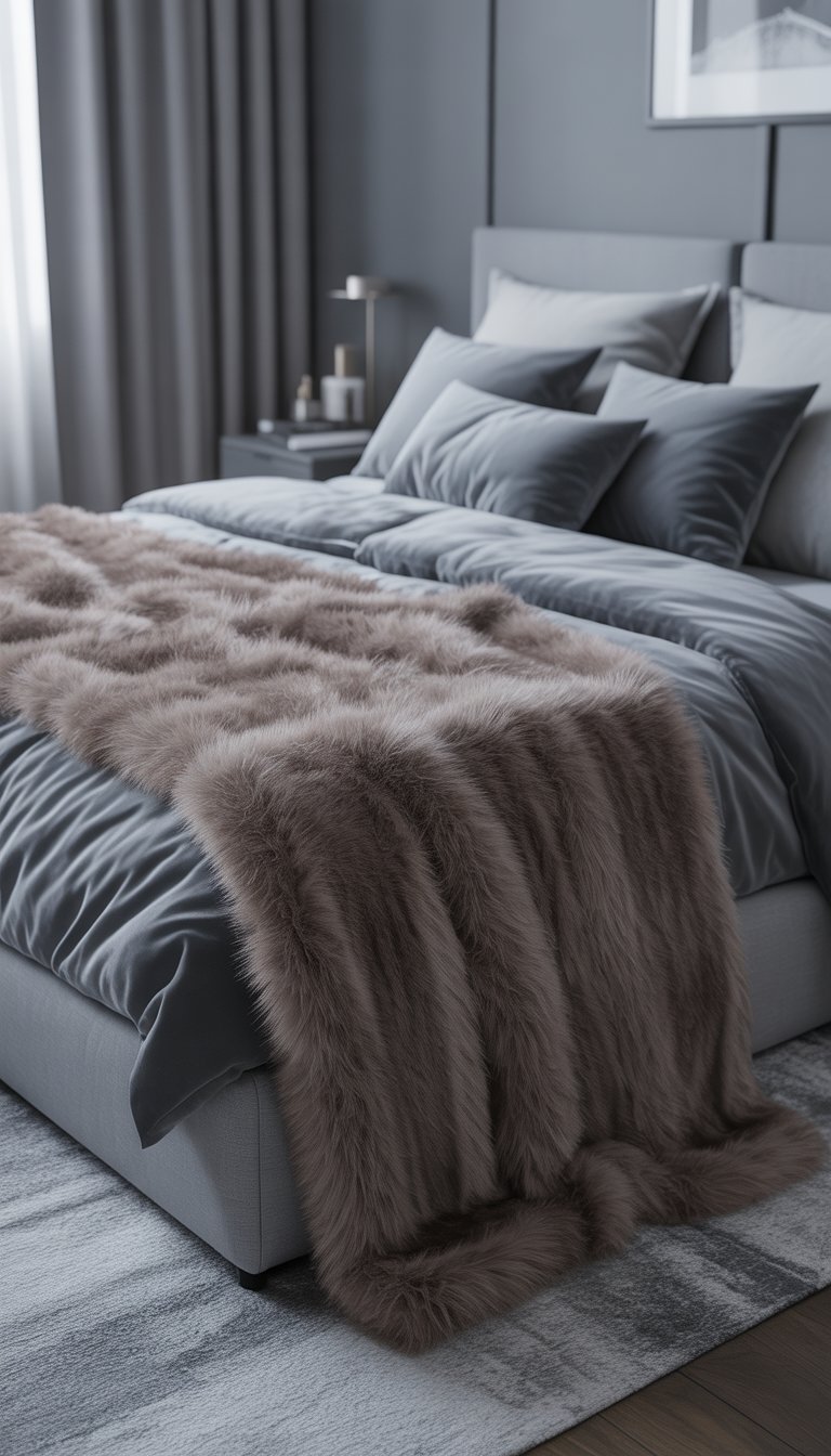 A bedroom with a modern bed covered by a smoky grey faux fur throw, surrounded by grey walls, bedding, and minimalist furniture.