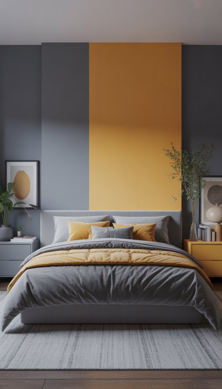 A bedroom with a grey and mustard yellow accent wall, a bed with matching bedding, and minimalist furniture.