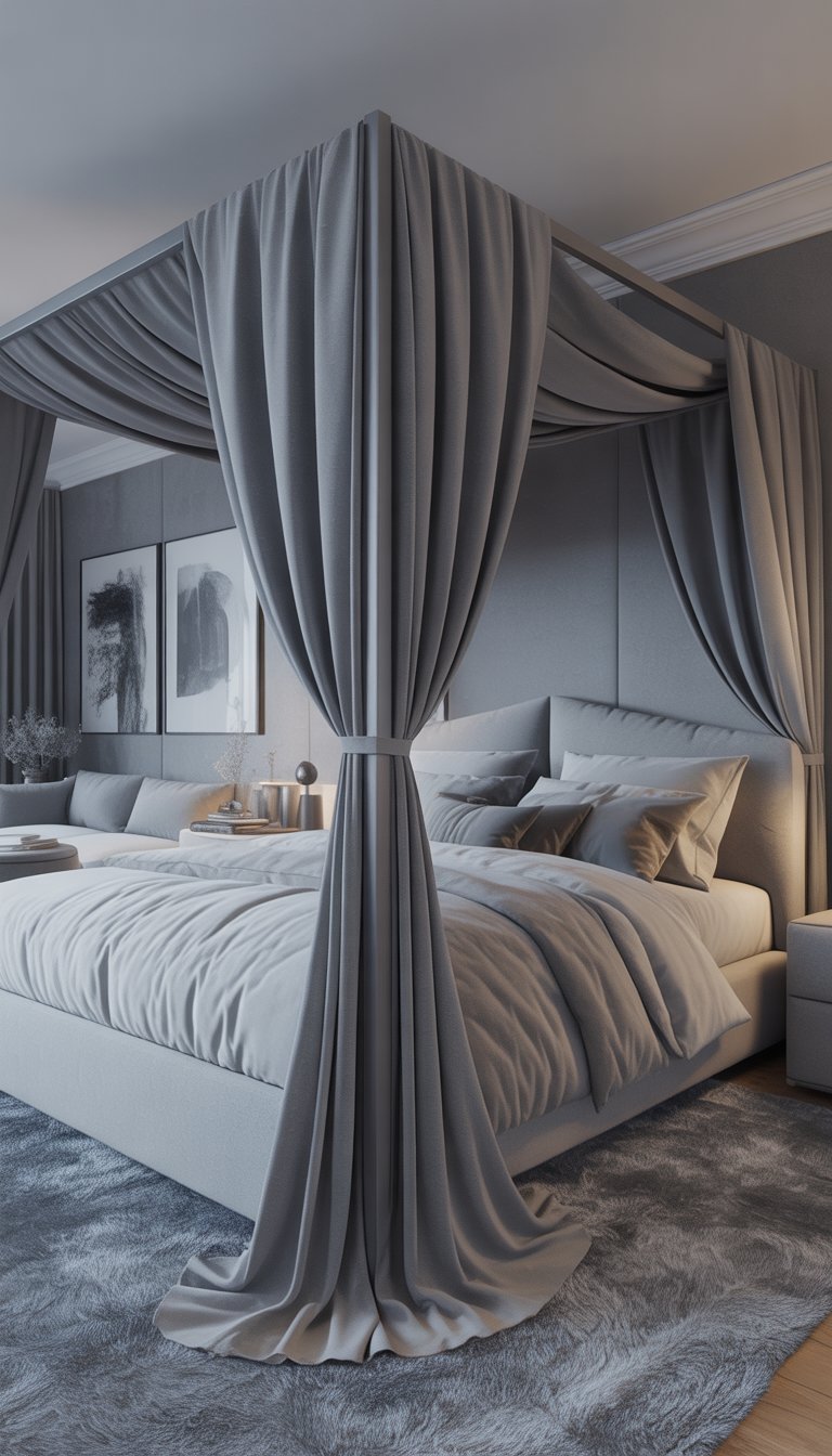A soft grey canopy bed in a grey-themed bedroom with modern furniture and soft lighting.