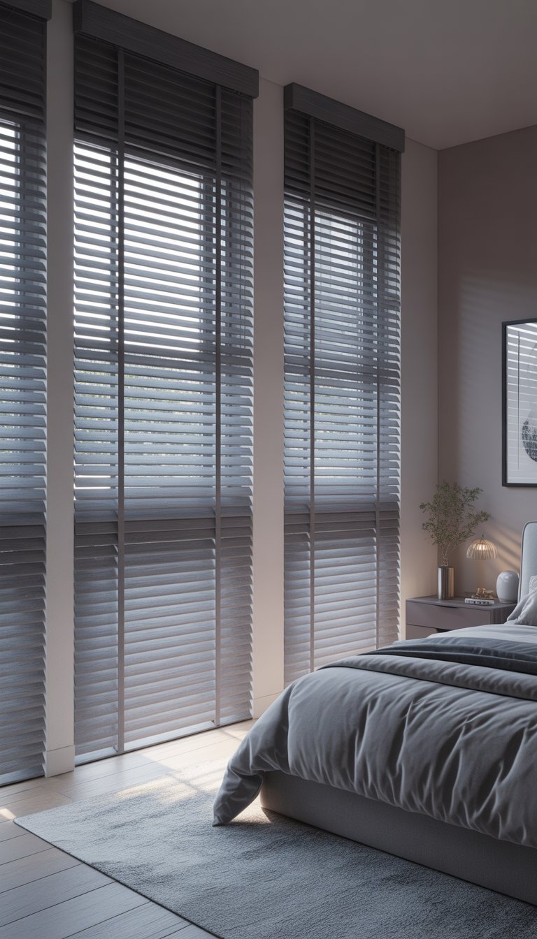 A modern bedroom with grey wood blinds covering large windows, a neatly made bed, and minimalist furniture.