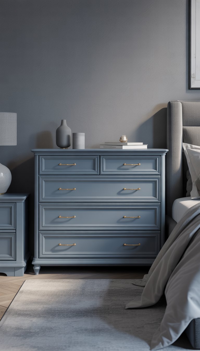 A slate grey dresser with brass handles in a grey-themed bedroom with a bed and decorative items.