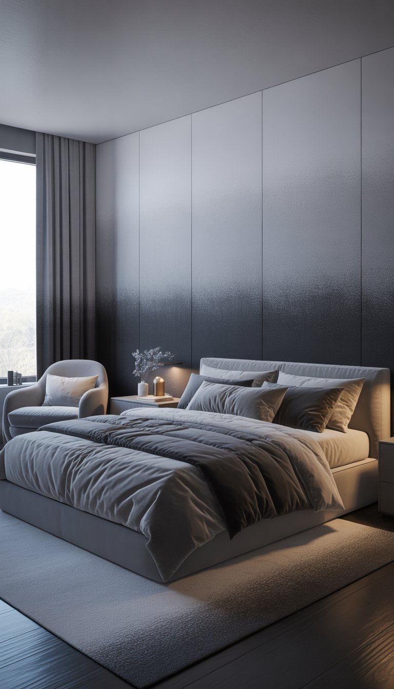 A modern bedroom with a grey ombre gradient wall, a bed with layered grey bedding, grey furniture, large windows with sheer curtains, and abstract artwork on the walls.