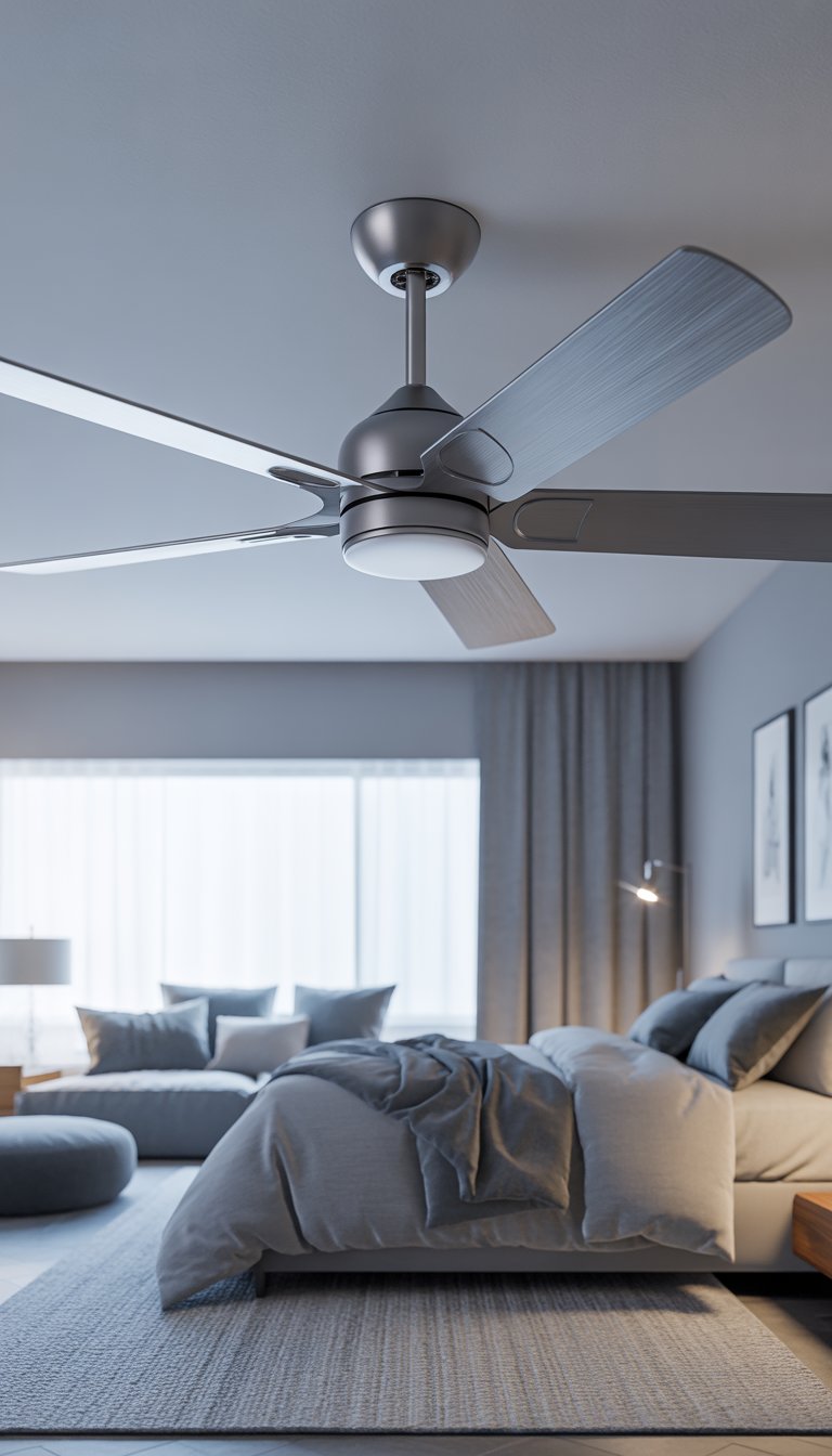 A modern bedroom with a steel grey ceiling fan mounted on a white ceiling, featuring grey walls, bedding, and furniture.