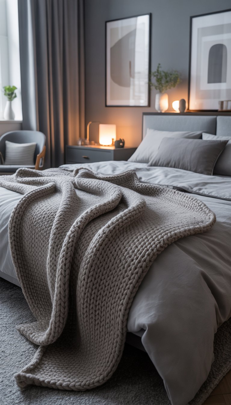 A bedroom with a neatly made bed featuring a warm grey knitted blanket, grey walls, modern furniture, and soft natural light coming through a window.