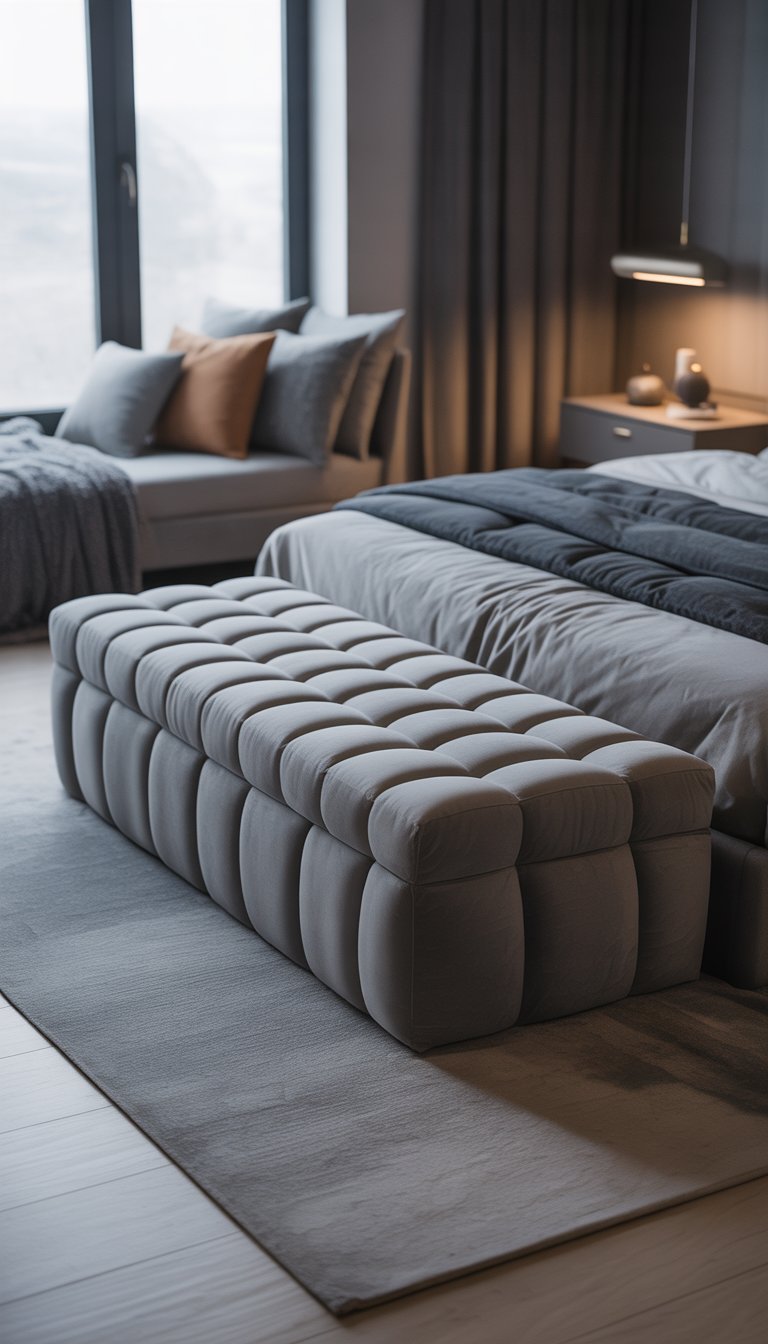 A grey tufted bench placed at the foot of a bed in a modern bedroom with light wood flooring and large windows.