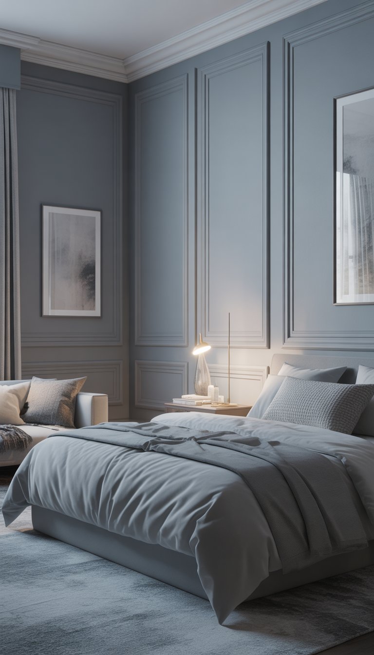 A bedroom with light dove grey walls and white crown molding, featuring a neatly made bed, nightstand with a lamp, large window, and a plush rug on the floor.