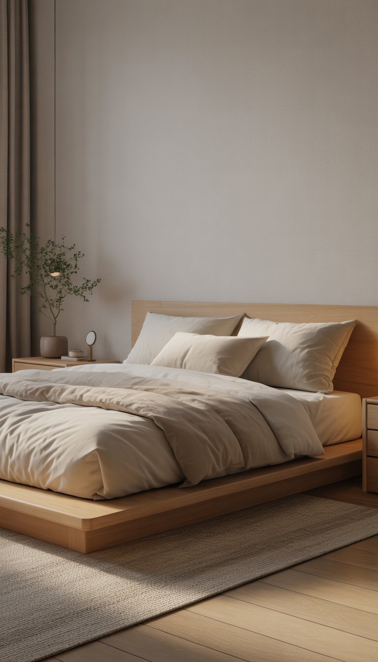 A bedroom with a low wooden platform bed, neutral bedding, wooden flooring, a small plant on a bedside table, and soft natural light coming through sheer curtains.