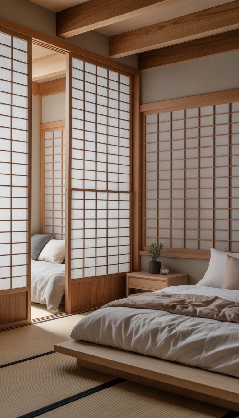 A peaceful bedroom with Shoji screens dividing the space, featuring a low wooden bed, natural wood furniture, and soft neutral colors.