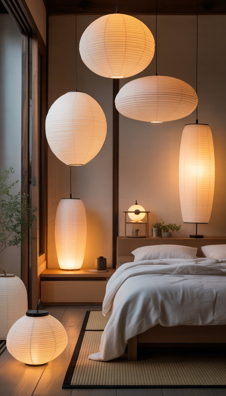 A peaceful bedroom with wooden furniture, soft glowing paper lampshades, a low bed, and a small potted plant.