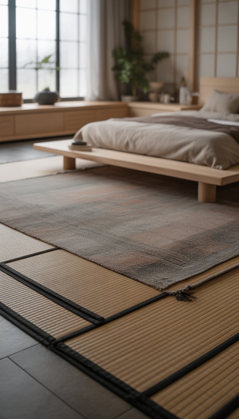 A bedroom with layered tatami mats under rugs, featuring a low bed, wooden furniture, plants, and natural light from large windows.