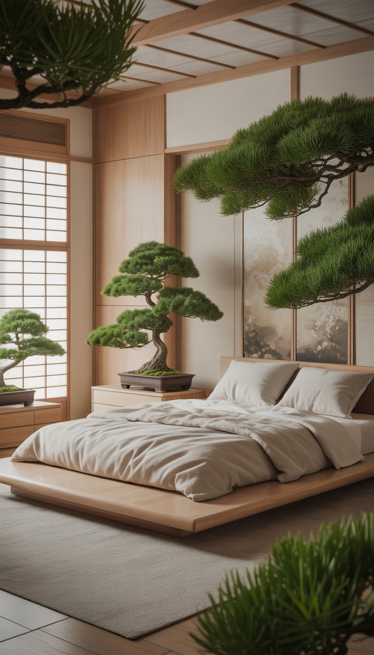 A minimalist bedroom with a low wooden bed and several bonsai plants placed around the room, featuring natural light and simple decor.