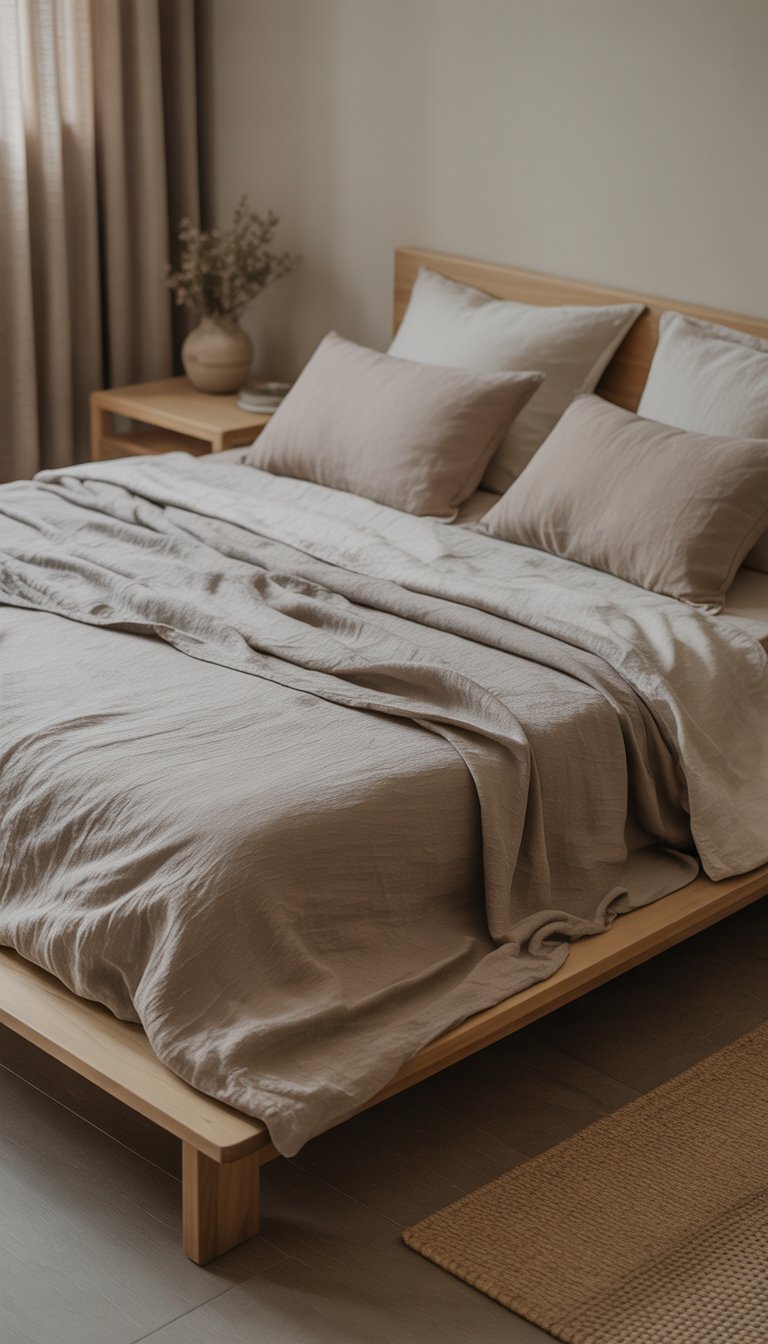 A neatly made bed with simple linen bedding in muted tones inside a minimalist bedroom with wooden furniture and soft natural light.