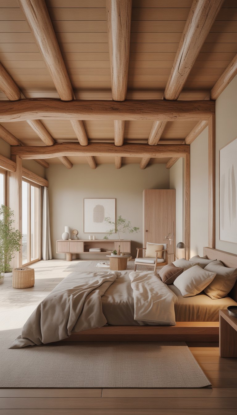 A calm bedroom with exposed wooden ceiling beams, a low bed, natural wood furniture, and large windows letting in soft daylight.