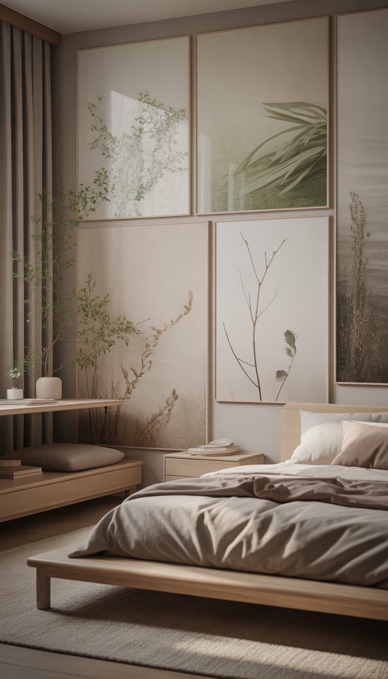 A minimalist bedroom with wooden furniture and soft bedding, featuring multiple nature-themed wall art pieces depicting branches and leaves.