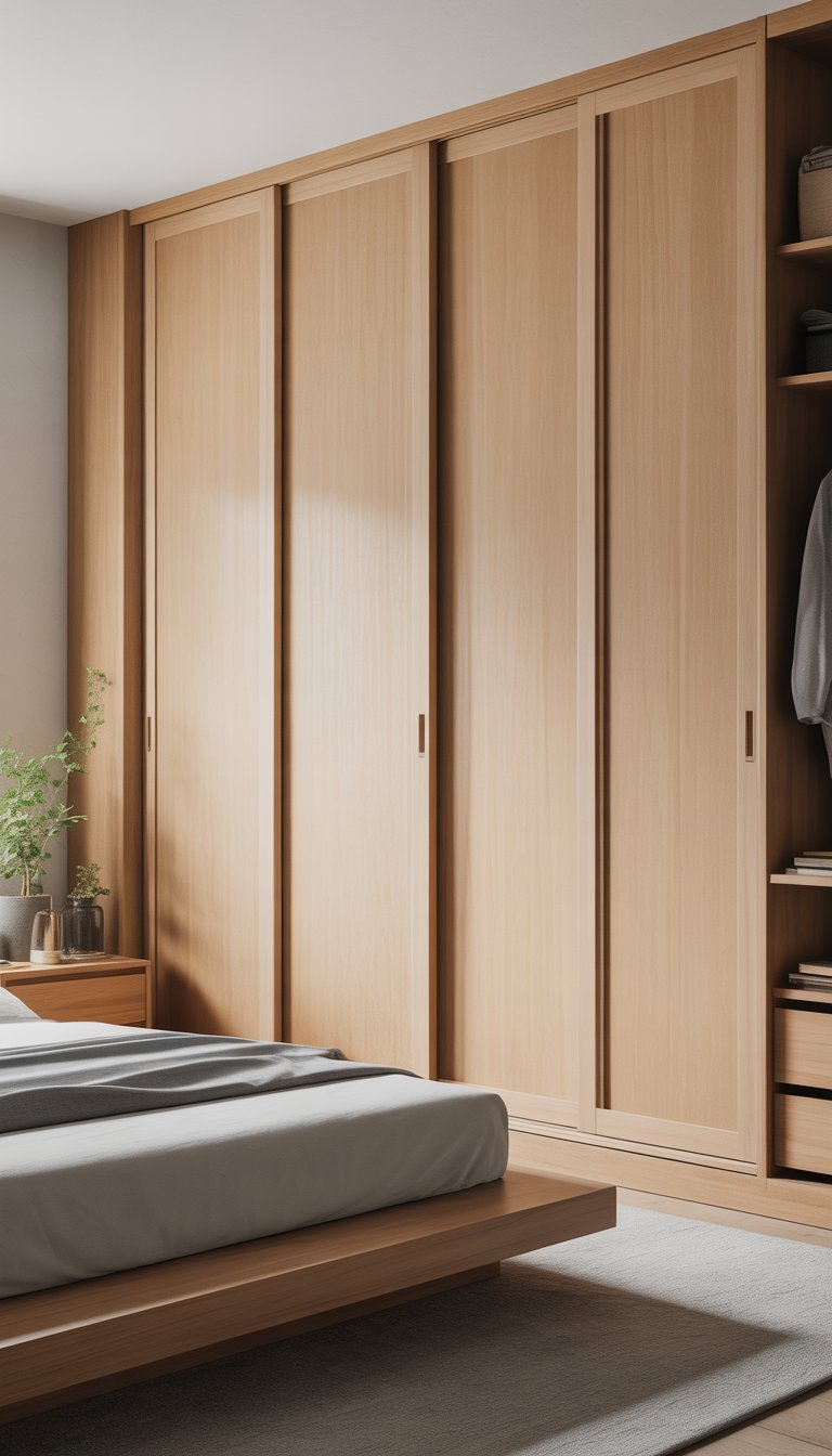 A bedroom with sliding wooden closet doors, a low platform bed, wooden furniture, and green plants.