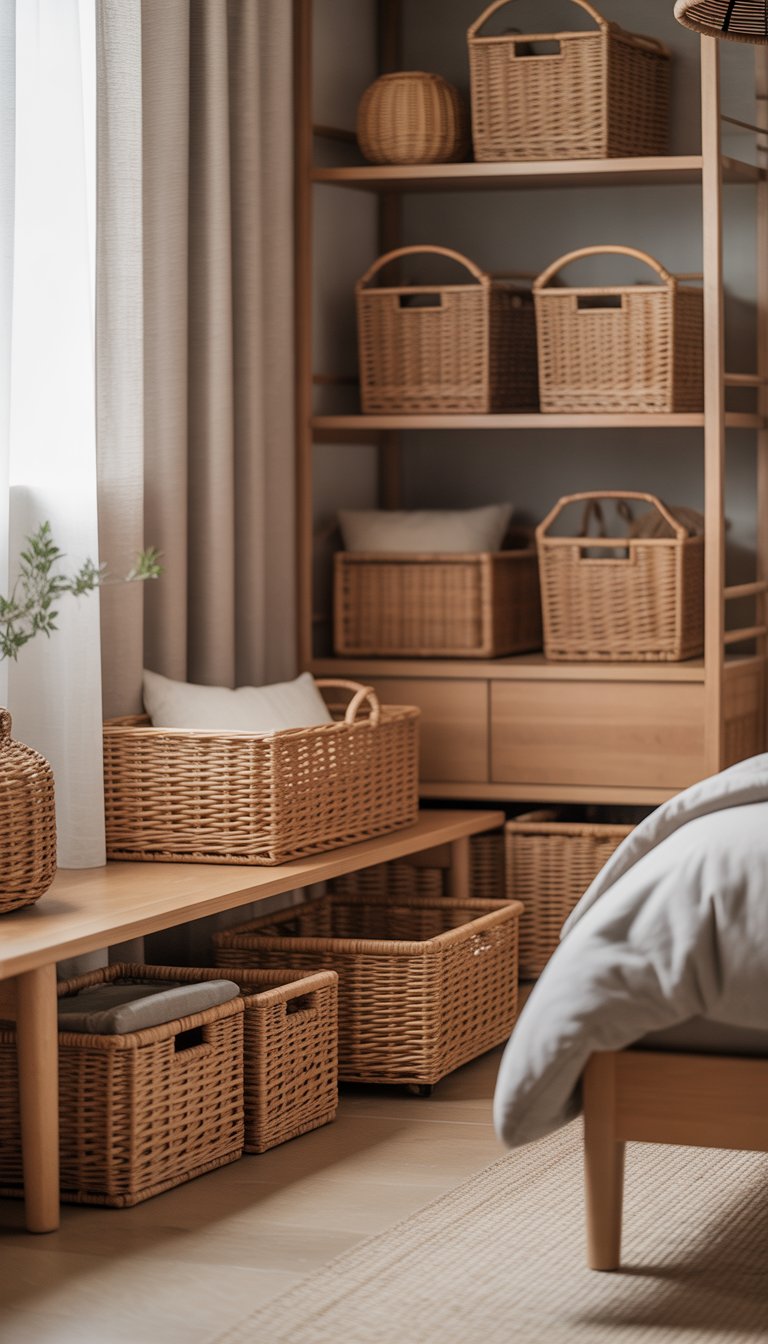 A peaceful bedroom with natural wood furniture and woven rattan baskets used for storage, featuring soft lighting and minimalist decor.