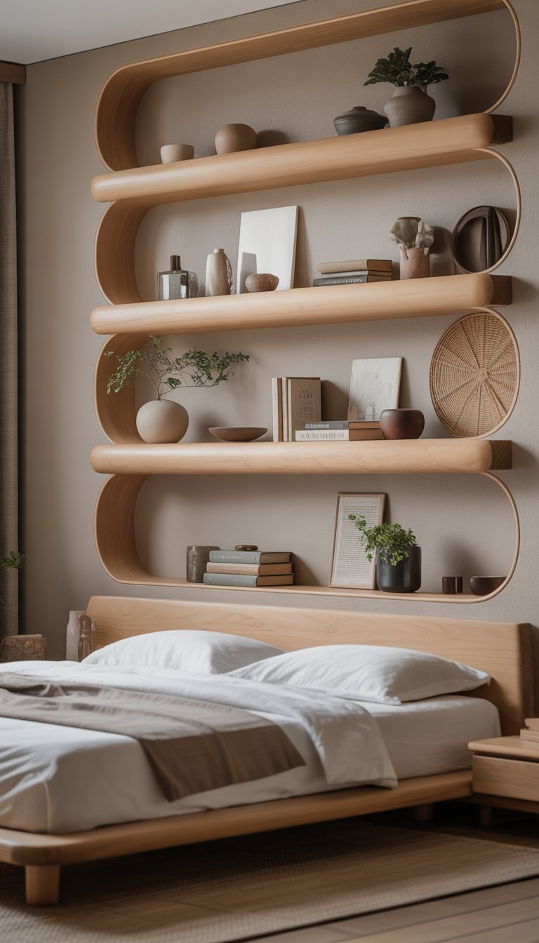 A minimalist bedroom with mounted wooden shelves holding ceramics, plants, and books above a low wooden bed with white linens.