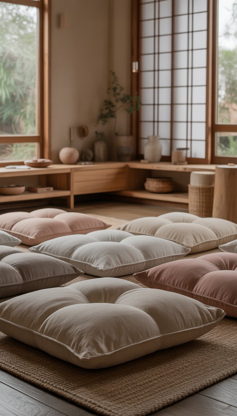 A peaceful bedroom with floor cushions in earthy tones arranged on a natural rug, surrounded by wooden furniture and plants.