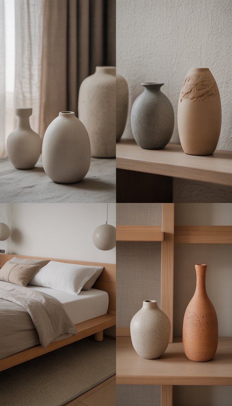 A minimalist bedroom with a wooden bed, neutral linens, and stone and ceramic vases placed on bedside tables and shelves.