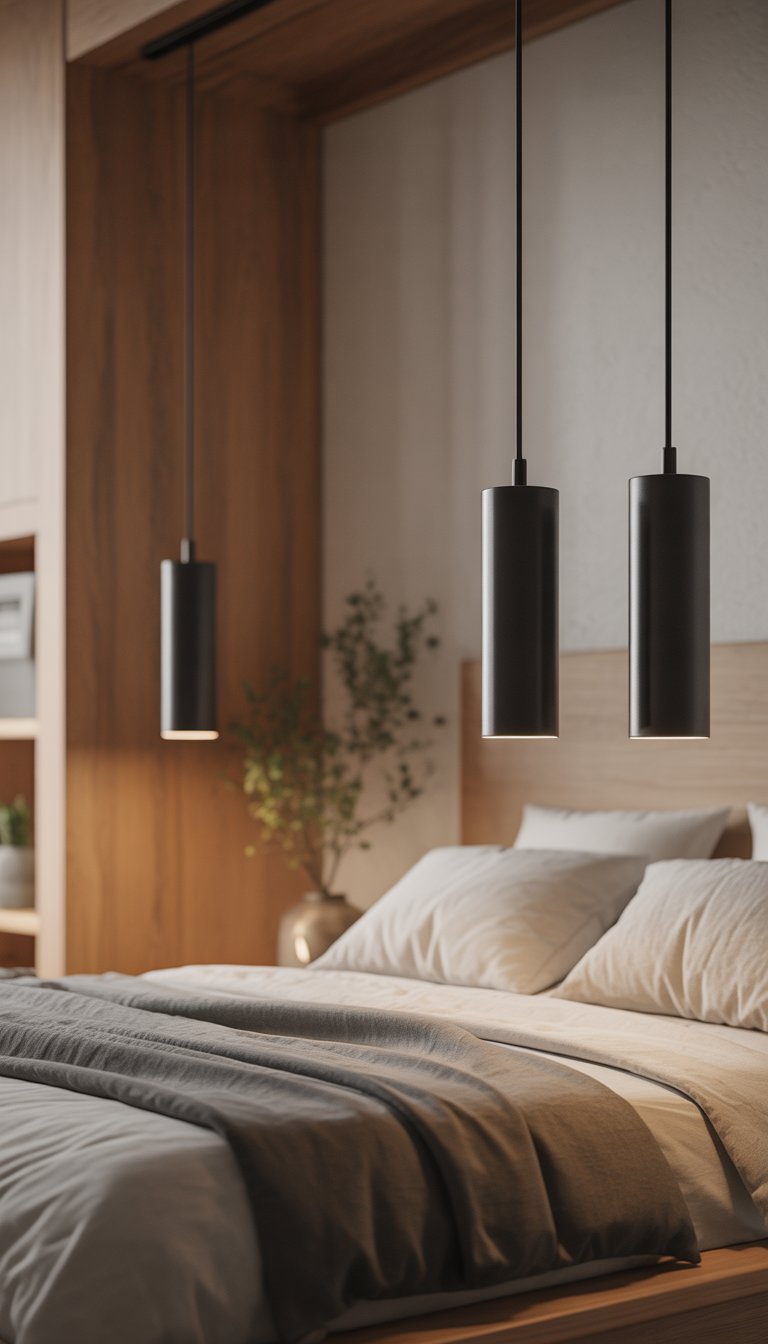 A bedroom with black metal pendant lights hanging above a bed, featuring natural wood furniture and simple decor.