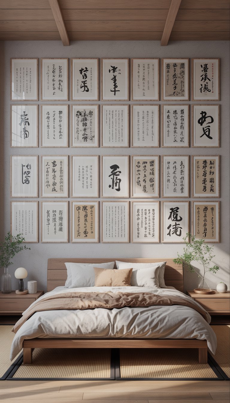 A serene bedroom with a low wooden bed and 25 framed Japanese calligraphy prints arranged on the wall, featuring natural wood furniture, neutral colors, and soft lighting.