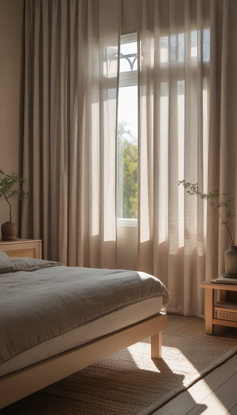 A peaceful bedroom with soft cotton curtains filtering sunlight, a neatly made bed, wooden furniture, and a small plant on a side table.