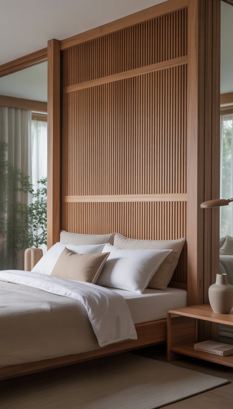 A bedroom with a wooden slatted headboard, a neatly made bed with white linens, nightstands with simple decor, and natural light coming through large windows.