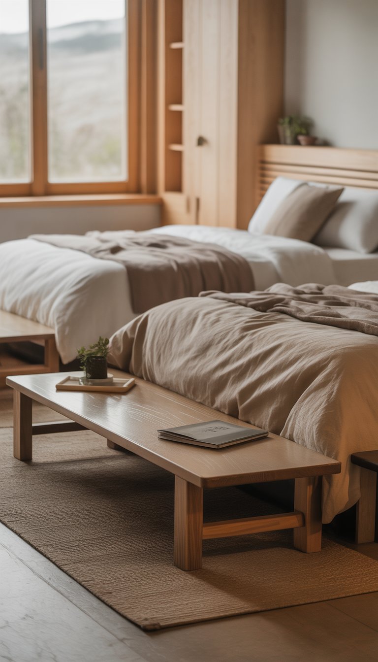 A bedroom with low wooden benches at the foot of a neatly made bed, featuring natural materials and soft lighting.