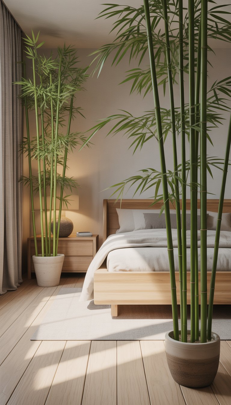 A bedroom with indoor bamboo stalks in simple pots, natural wood furniture, and soft lighting creating a calm and minimal space.