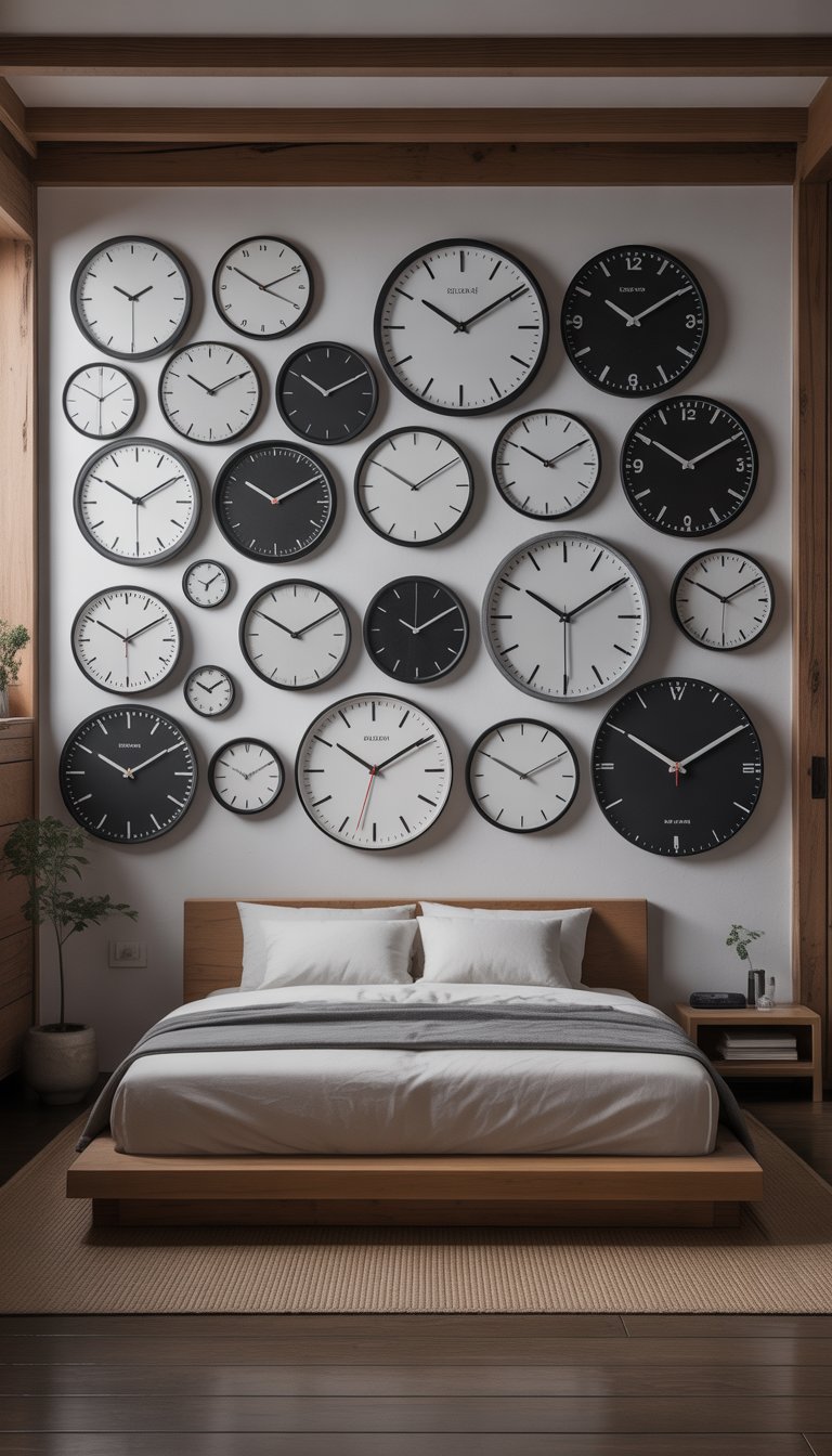 A serene bedroom with a low wooden bed, white bedding, and multiple minimalist monochrome clocks displayed on the walls and surfaces, surrounded by simple furniture and natural decor.