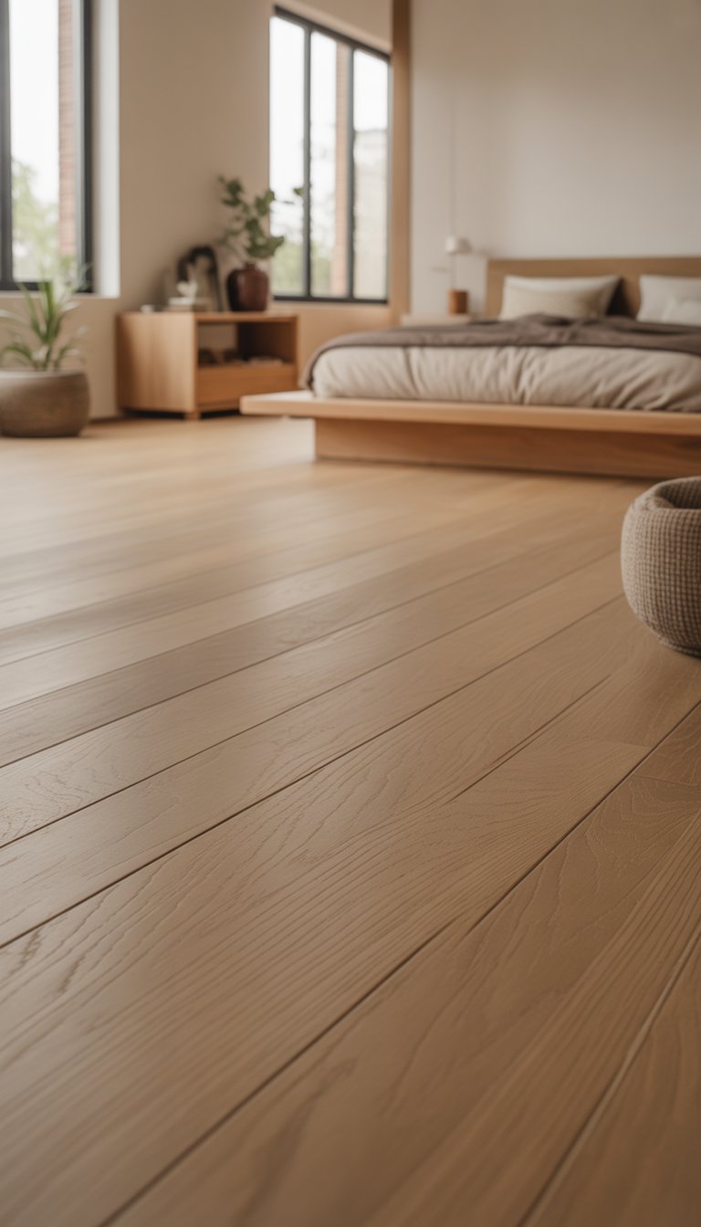 A bedroom with light timber flooring, a low wooden bed, nightstands, plants, and soft natural light coming through large windows.