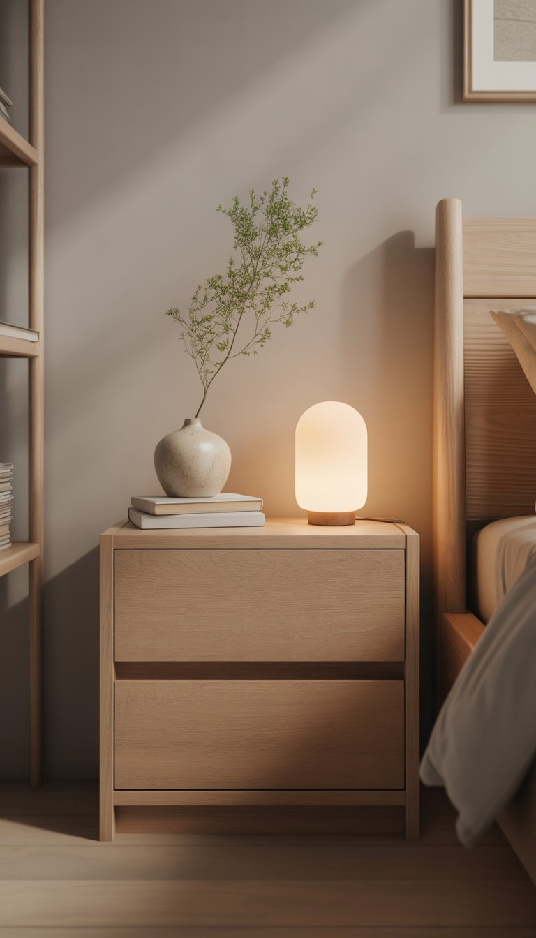 A calm, clutter-free nightstand with a ceramic vase, books, and a lamp in a peaceful bedroom.