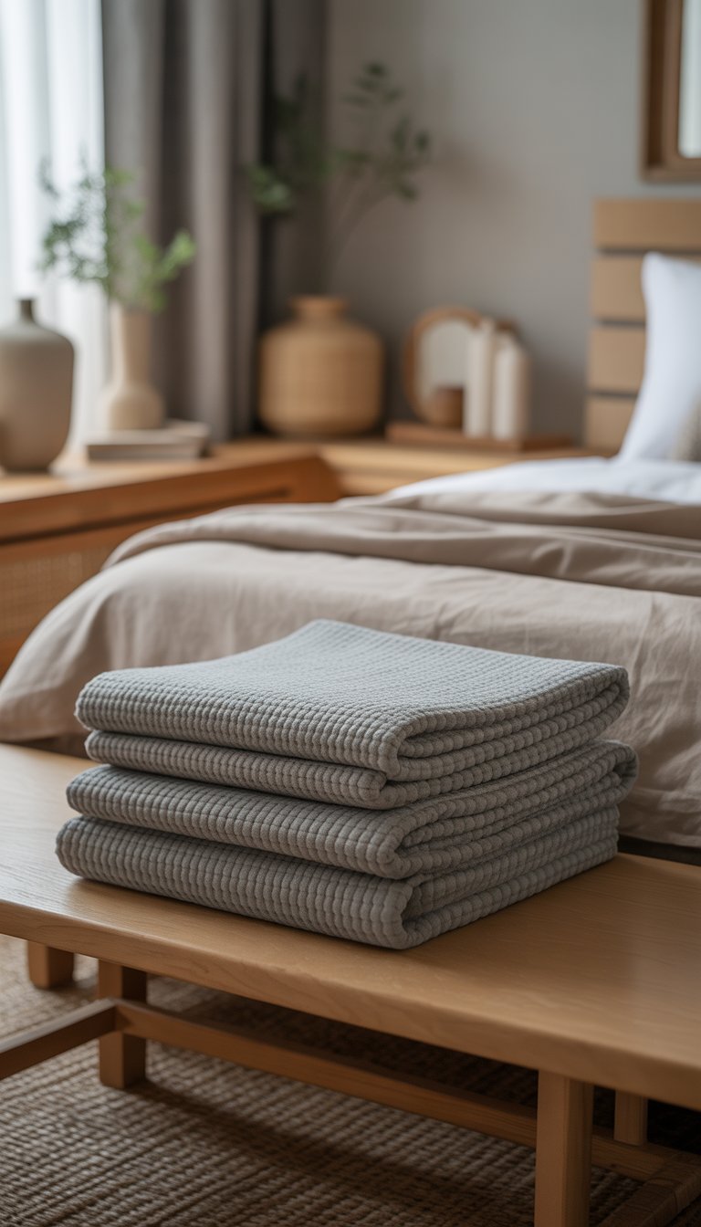 A neatly folded grey textured throw placed on a wooden bench in a minimalist bedroom with natural light and simple decor.