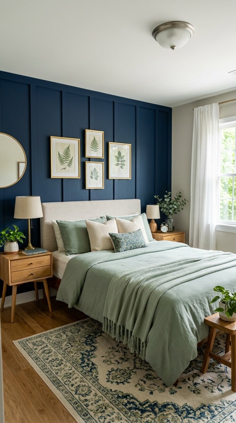 Navy blue accent wall with soft green bedding