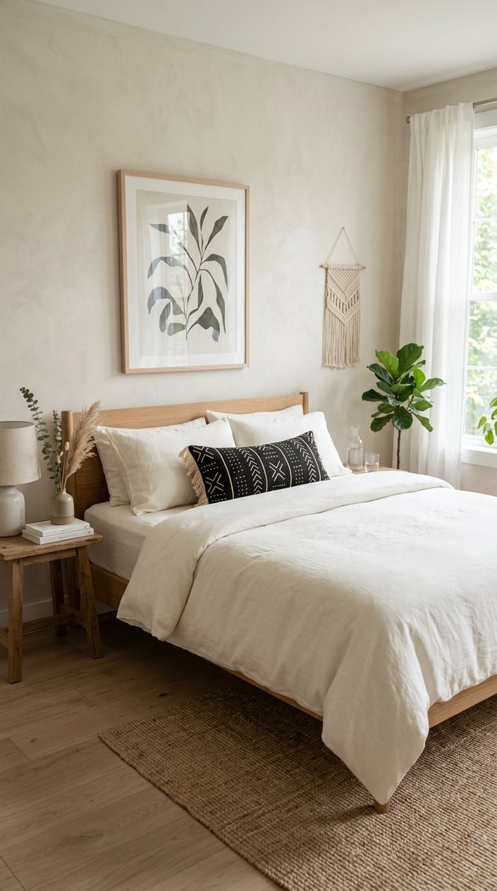 A neatly made bed with an ivory linen duvet and a single mudcloth lumbar pillow in a calm, clutter-free bedroom.