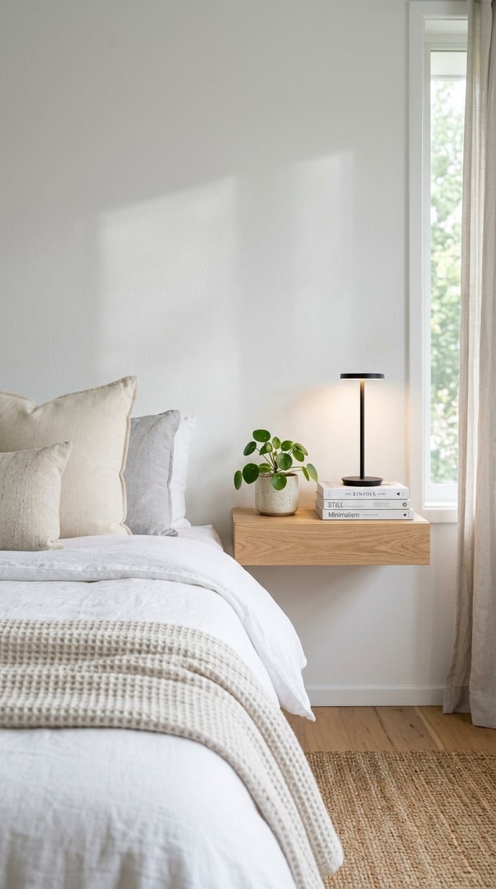 A bedroom corner with a floating oak shelf holding a plant, lamp, and books next to a bed with white linens.