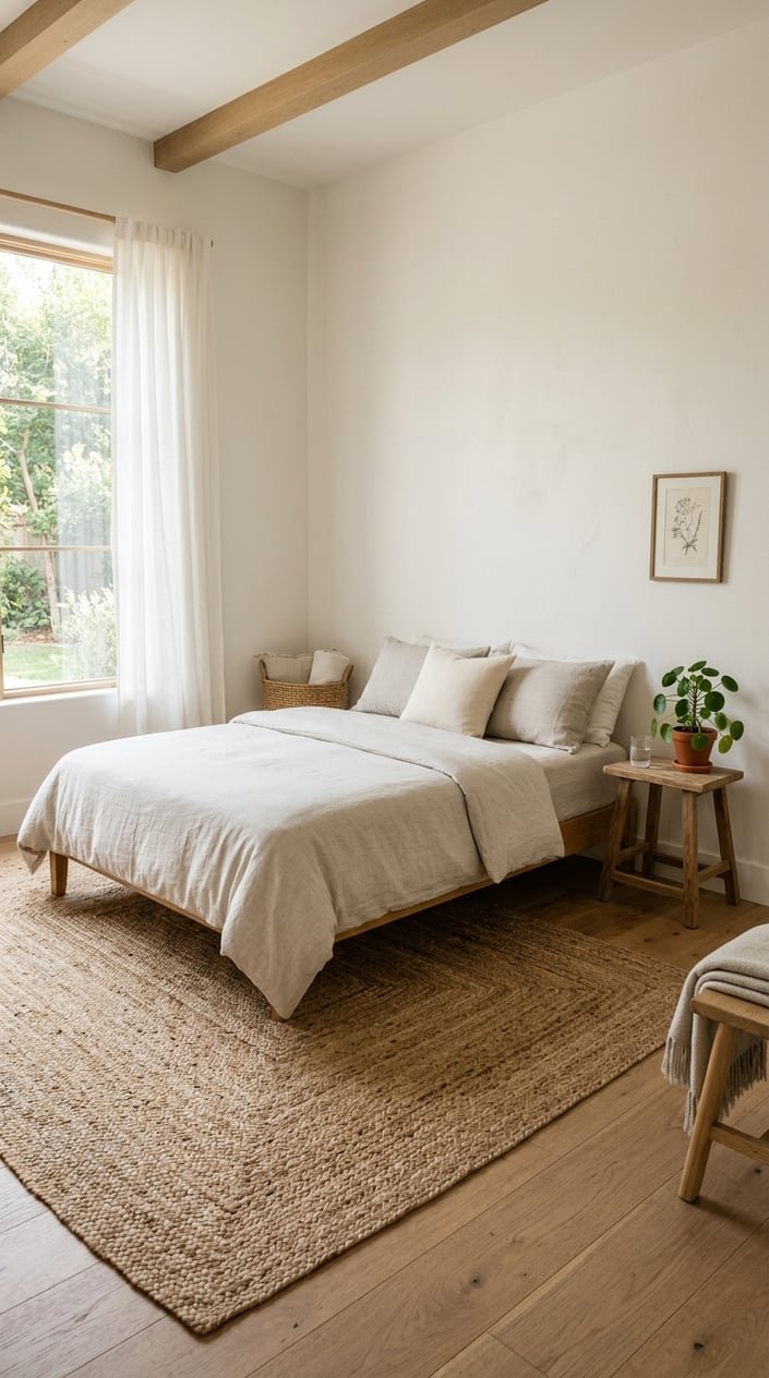 A neat bedroom with a bed, a jute rug on the floor, a small wooden nightstand with a plant, and soft natural light coming through a window.