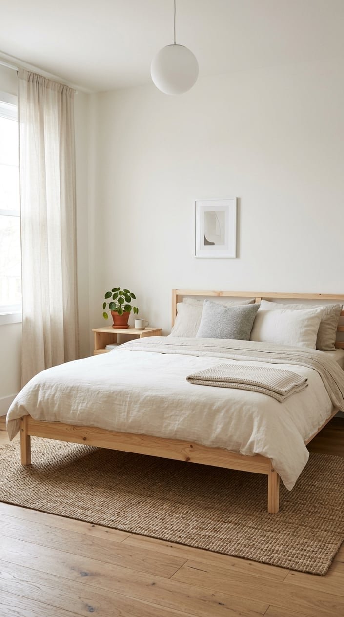 A bedroom with a low wooden platform bed, neutral bedding, a small plant on a nightstand, and soft natural light coming through sheer curtains.
