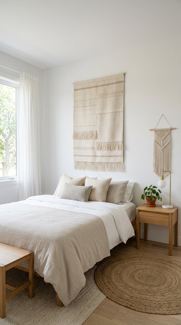 A calm, clutter-free bedroom with a large neutral textile hanging on the wall above a neatly made bed and minimal furniture.