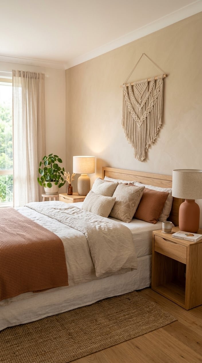 A tidy bedroom with wooden bedside tables holding matte ceramic table lamps in sand and terracotta colors, a neatly made bed, and soft natural light.