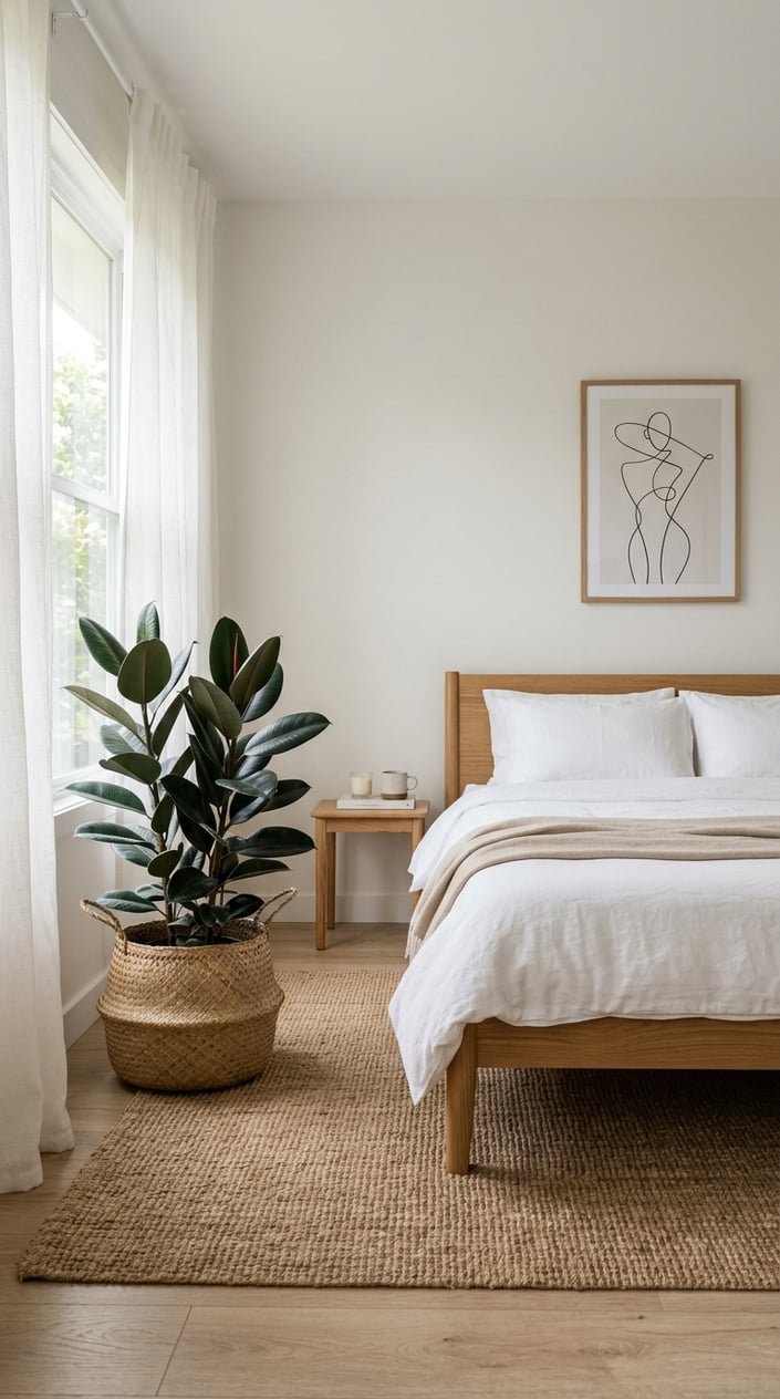 A calm, clutter-free bedroom with a large olive tree or rubber plant in a woven basket near a window, simple furniture, and soft natural light.