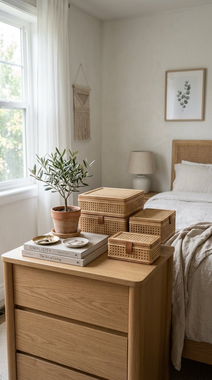 A bedroom dresser with closed rattan storage boxes neatly arranged on top, next to a small plant and a folded linen throw, illuminated by natural light.
