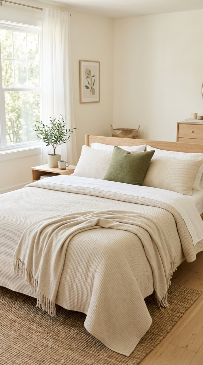 A neatly made bed with a quilt, a throw blanket, and one accent pillow in a clean and calm bedroom.